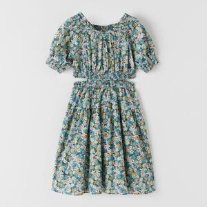 Zara | Blue Green Floral Puff-Sleeve Smocked Dress